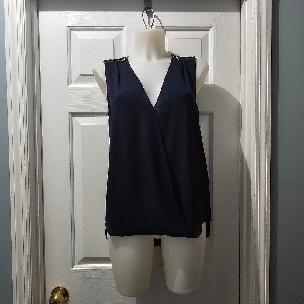 Michael Kors Navy Sleeveless Blouse – Gold Shoulder Detail, Draped V-Neck